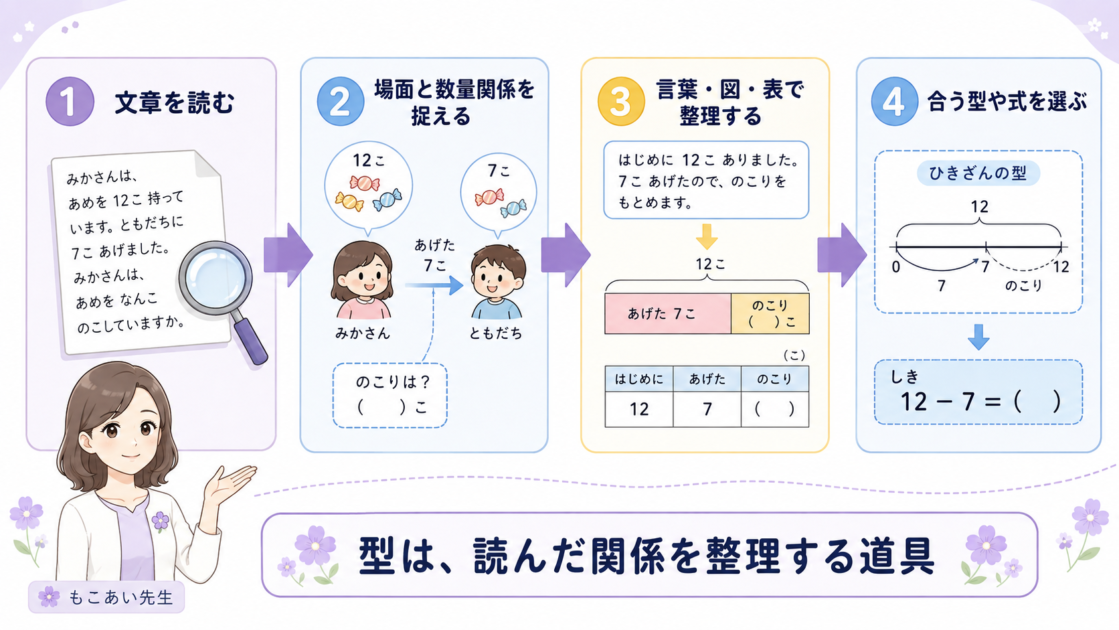 文章を読んで数量関係を捉え言葉や図で整理してから型や式を選ぶ4段階