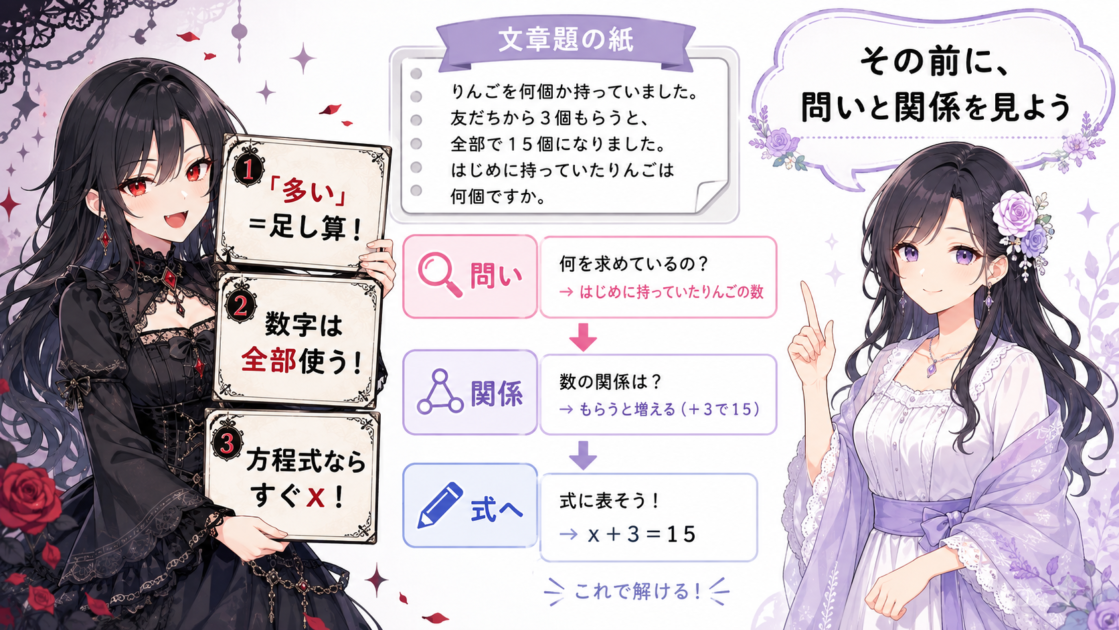 悪もこあい先生が多いなら足す数字は全部使う方程式ならすぐxという罠を示す挿絵