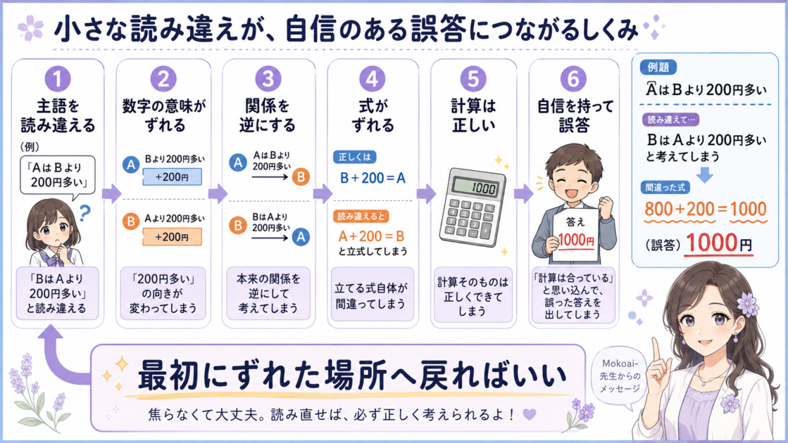 一語や主語の読み違いから数量関係と式がずれ計算は正しくても誤答する連鎖