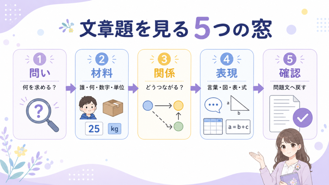 中1の文章題を見る問い材料関係表現確認の5つの窓