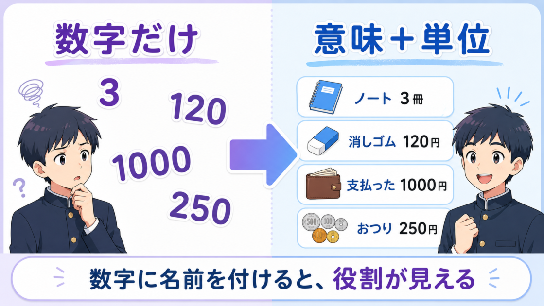 文章題の数字へノートの冊数や支払った金額などの意味と単位を付ける例