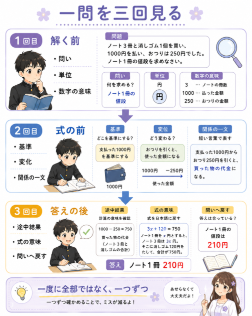 中1の文章題を解く前と式を作る前と答えが出た後の三回確認する方法