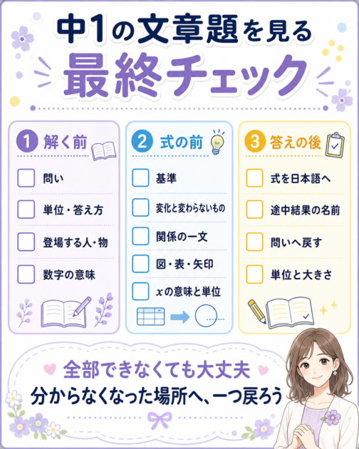 中1の文章題を解く前と式の前と答えの後に確認する保存用最終チェック