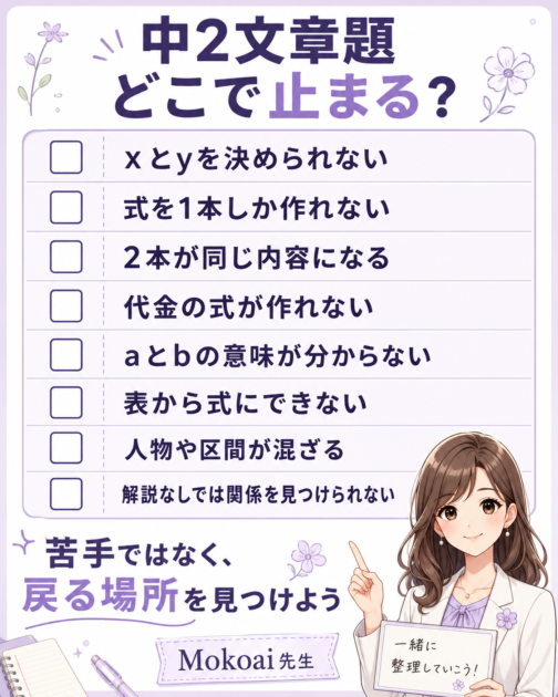 xとy、二本の式、一次関数、速さなどの止まる場所を確認する中2文章題診断