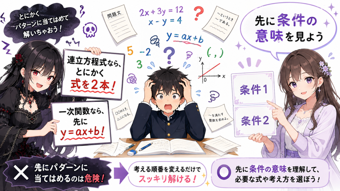 式を先に二本作らせる悪もこあい先生の罠と、条件確認を促すもこあい先生