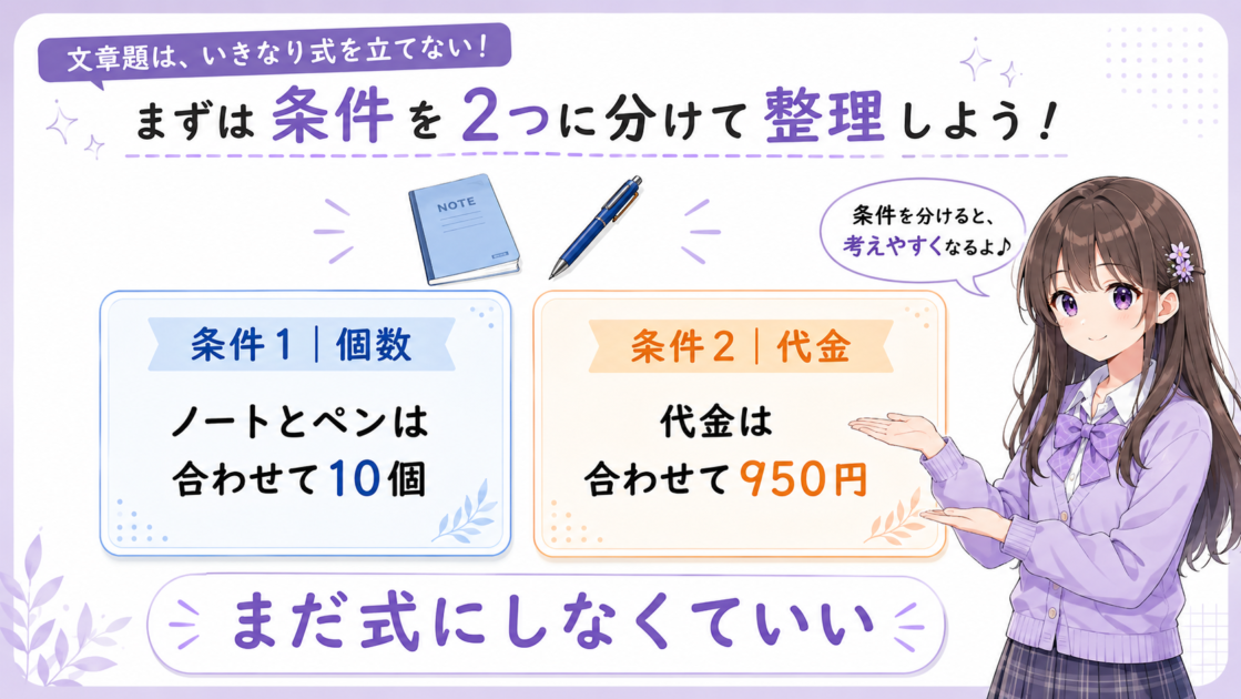 ノートとペンの個数条件と代金条件を二枚のカードへ分けた図
