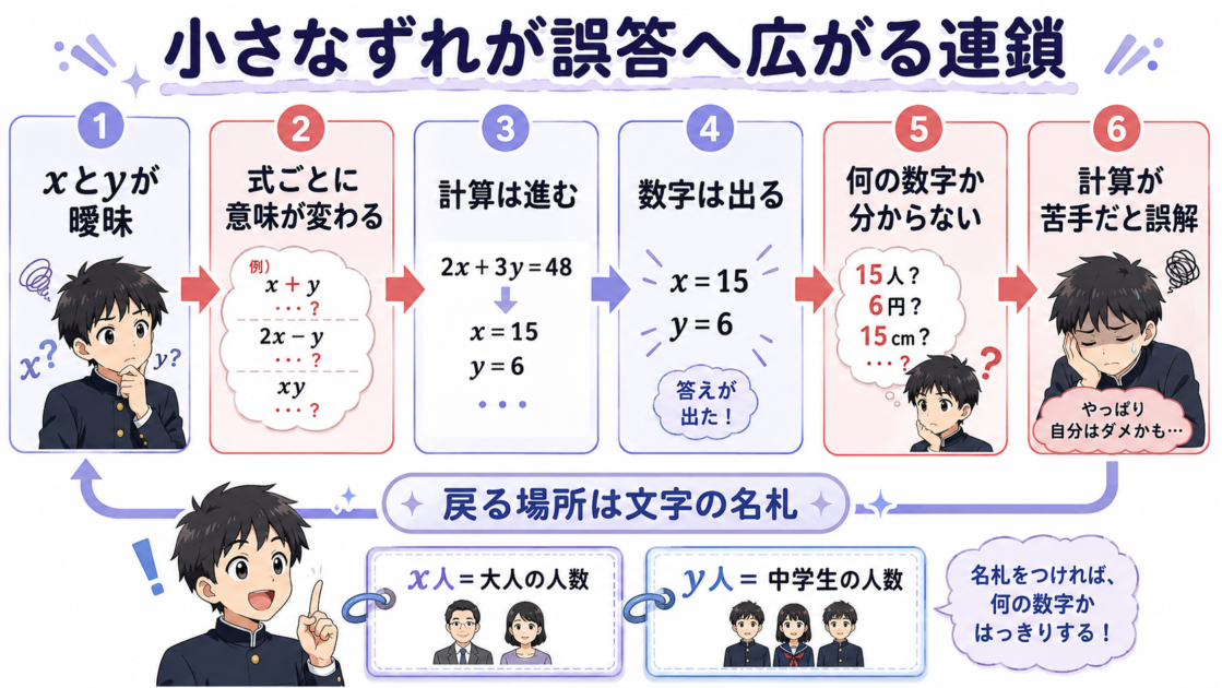 xとyの曖昧さが式のずれや意味不明な答えへ広がる誤答の連鎖