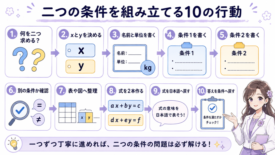 二つの未知数と二つの条件を二本の式へ組み立てる10の行動