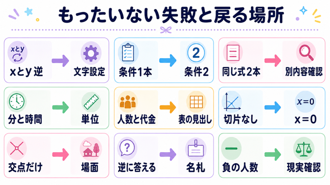 xとyの逆、条件不足、単位違いなど中2文章題の九つの失敗と戻る場所