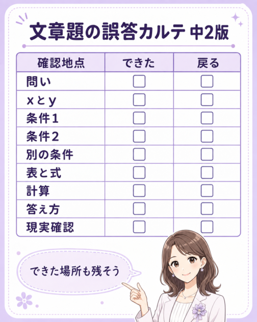 中2文章題の問い、文字設定、二条件、計算、答え方をできた場所と戻る場所で記録する誤答カルテ