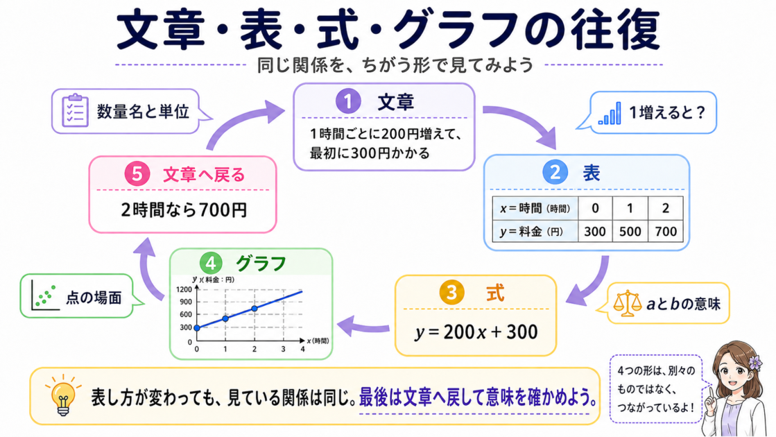 文章から表、式、グラフへ進み、再び文章へ戻る一次関数の往復図