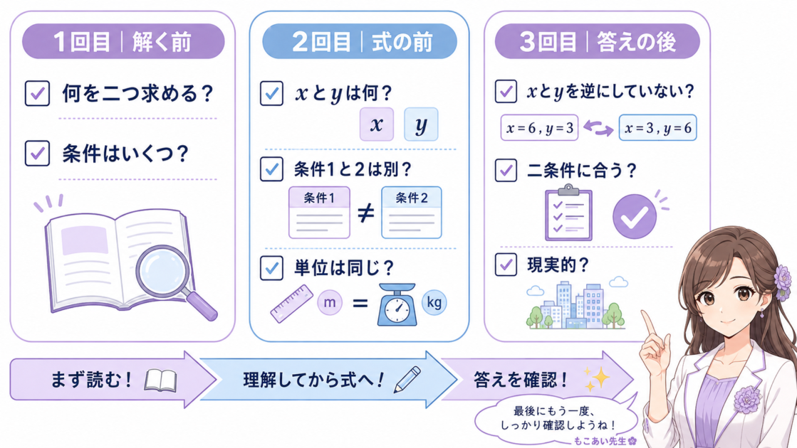 中2文章題を解く前、式の前、答えの後に三回確認する手順