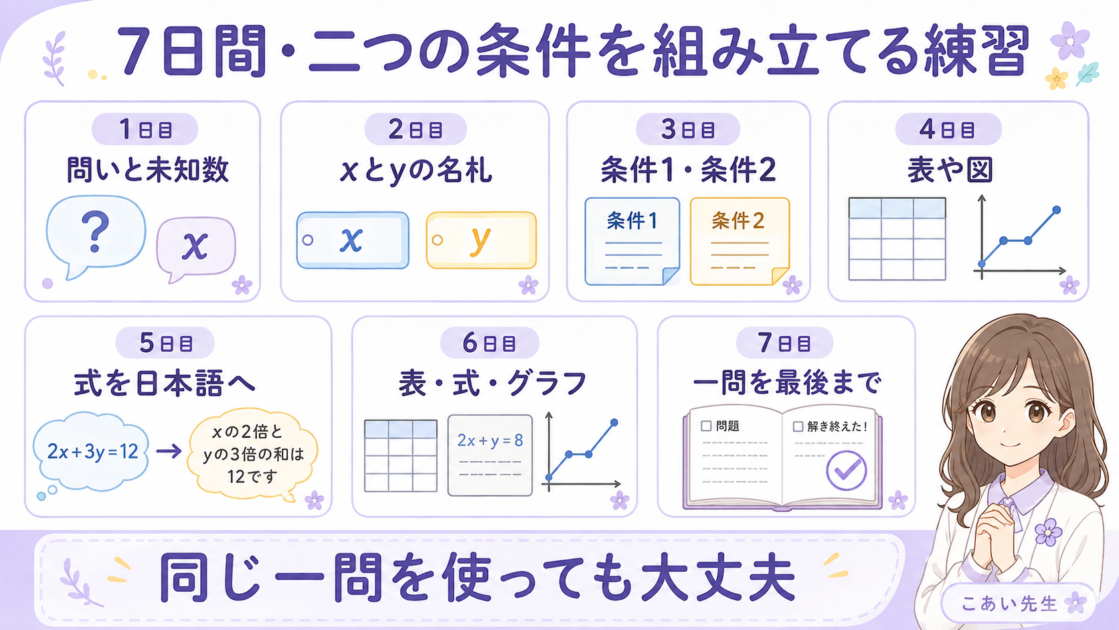 問いから二条件、表、式、グラフまでを一日一つ練習する7日間表