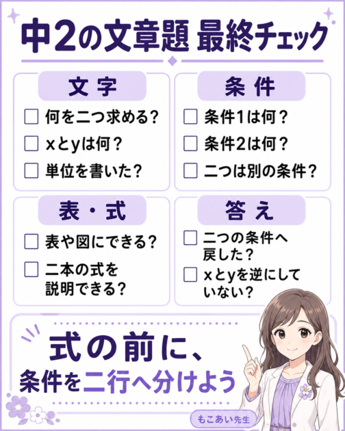 xとy、二つの条件、表と式、答えの確認をまとめた中2文章題の最終チェック