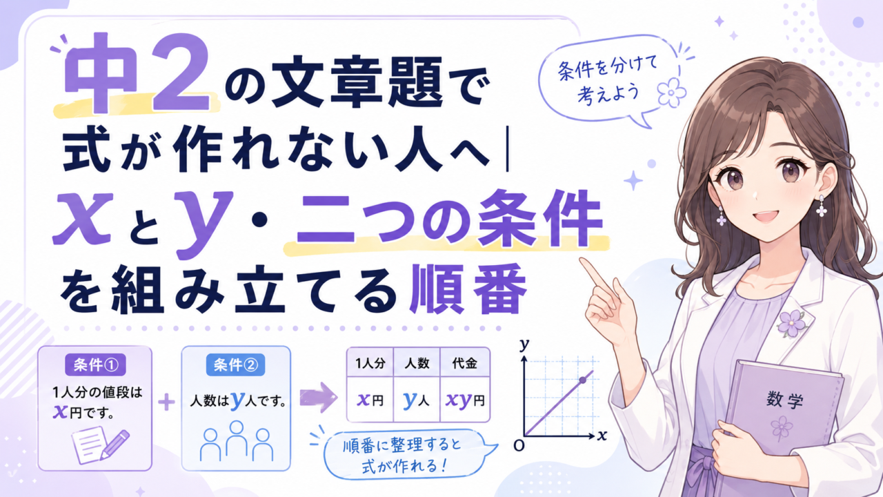 中2の文章題で式が作れない人へ、xとyと二つの条件の整理方法を示すアイキャッチ