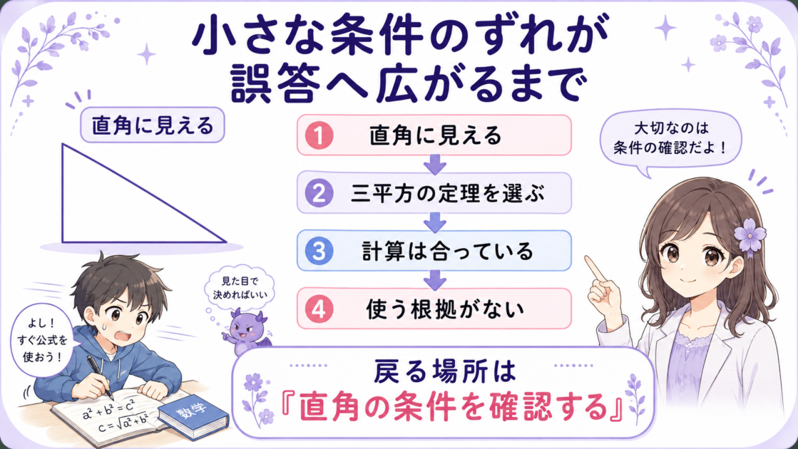 直角に見えるという条件の読み違いから三平方の定理を選び、計算は合っていても根拠のない誤答になる流れ