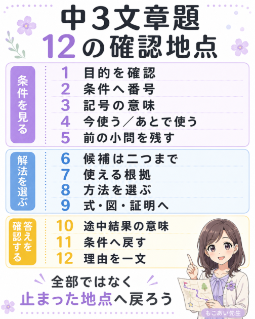 中3の文章題で目的確認から条件整理、解法選択、答えの確認までを示す12の確認地点