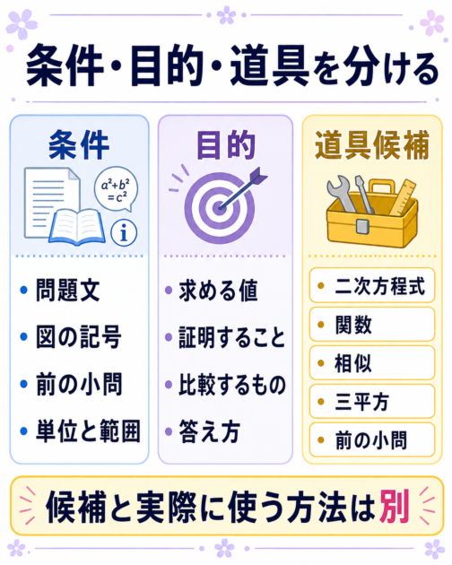 中3文章題の条件、最終目的、使えそうな解法候補を三列に分けて整理する実践表