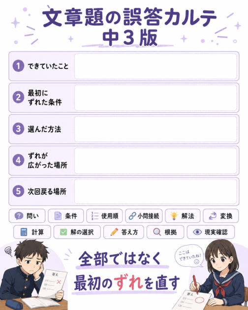 中3文章題の間違いを、できていたこと、最初にずれた条件、選んだ方法、次回戻る場所に分ける誤答カルテ