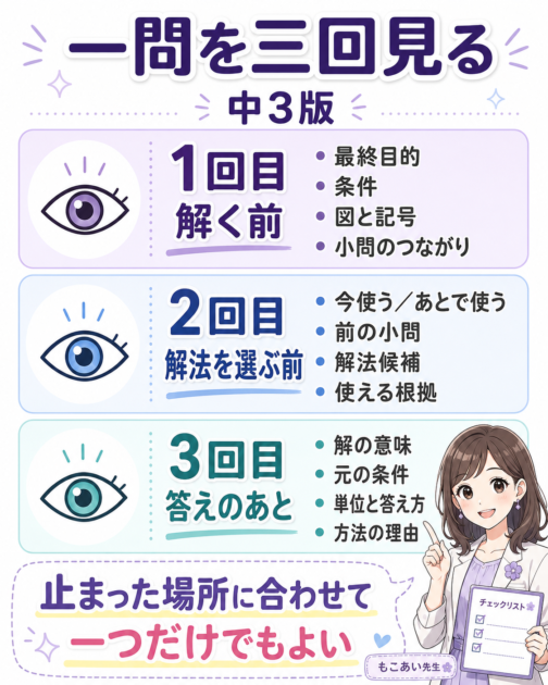 中3文章題を解く前、解法を選ぶ前、答えが出たあとに三回確認する場所をまとめた図