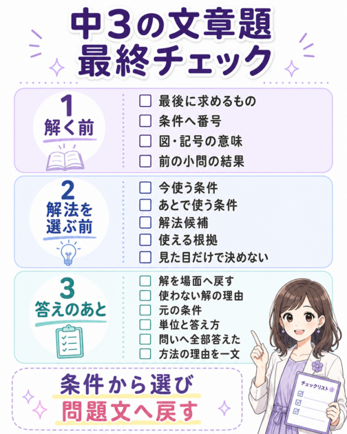 中3の文章題で解く前、解法を選ぶ前、答えが出たあとに確認する保存用最終チェック