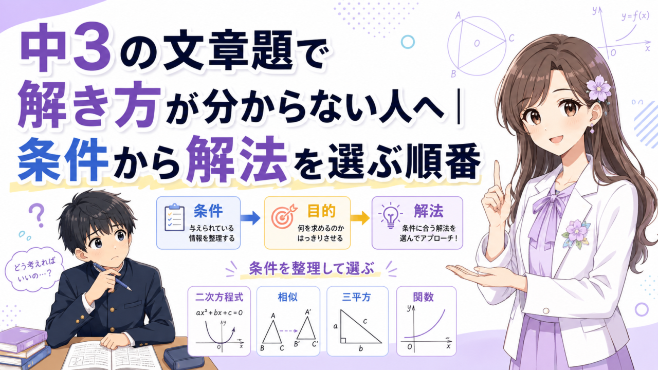 中3の文章題で条件を整理し、二次方程式・相似・三平方・関数から解法を選ぶ順番を学ぶアイキャッチ
