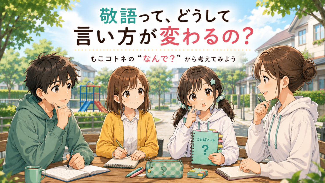 もこコトネが「敬語って、どうして言い方が変わるの?」と健太・恵子・もこあい先生に質問し、4人で考え始める場面。