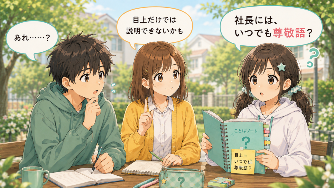 もこコトネに「社長にはいつでも尊敬語?」と聞かれ、健太が説明に詰まり、恵子が「目上だけでは説明できない」と整理する場面。