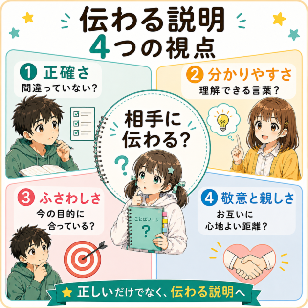 敬語を伝えるときに確認したい「正確さ・分かりやすさ・ふさわしさ・敬意と親しさ」の4つの視点をまとめた図。