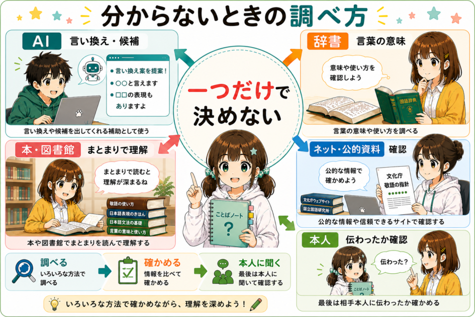 AI、辞書、本・図書館、ネット・公的資料、相手本人という5つの調べ方を使い分け、「一つだけで決めない」と示した図。