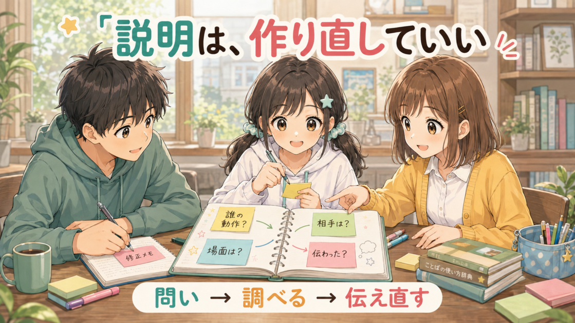 健太・恵子・もこコトネが「誰の動作?」「相手は?」「場面は?」「伝わった?」と書かれたことばノートを囲み、敬語の説明を作り直す場面。