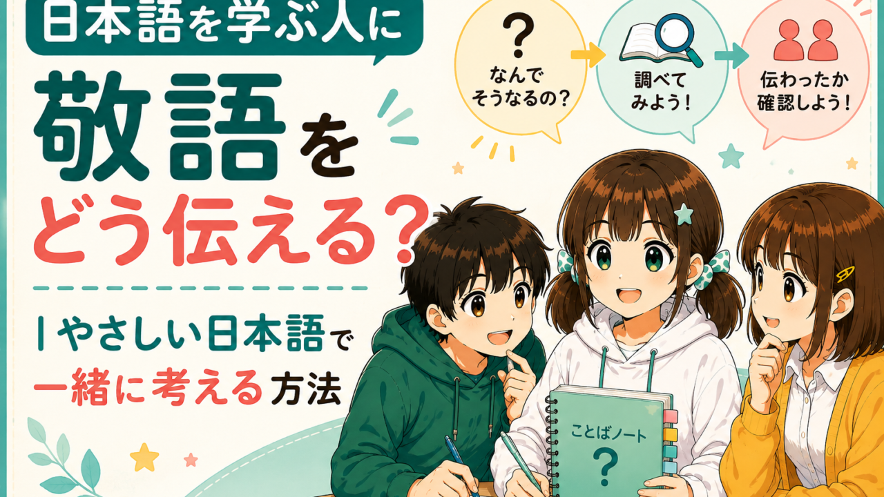 日本語を学ぶ人に敬語をどう伝えるかを、もこコトネ・健太・恵子がやさしい日本語で一緒に考える記事のアイキャッチ画像