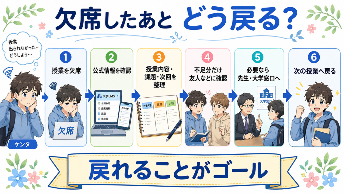 大学の授業を欠席したあとに次の授業へ戻るまでの流れを示した図