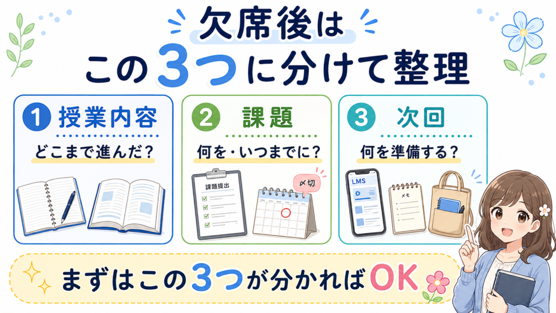 欠席後に確認する内容を授業内容・課題・次回の3つに分けて示した図