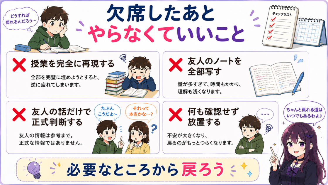 欠席後に無理にやらなくてよいことを4つまとめた図