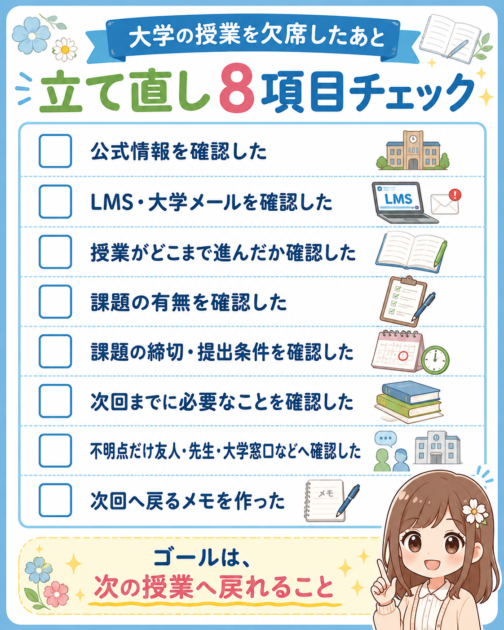 大学の授業を欠席したあとに確認したい8項目をまとめた保存用チェックリスト