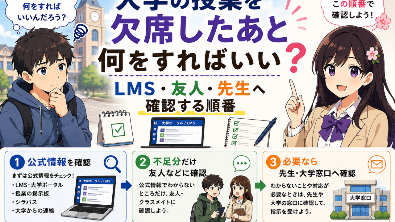 大学の授業を欠席したあとにLMS・友人・先生へ確認する順番を示したアイキャッチ画像