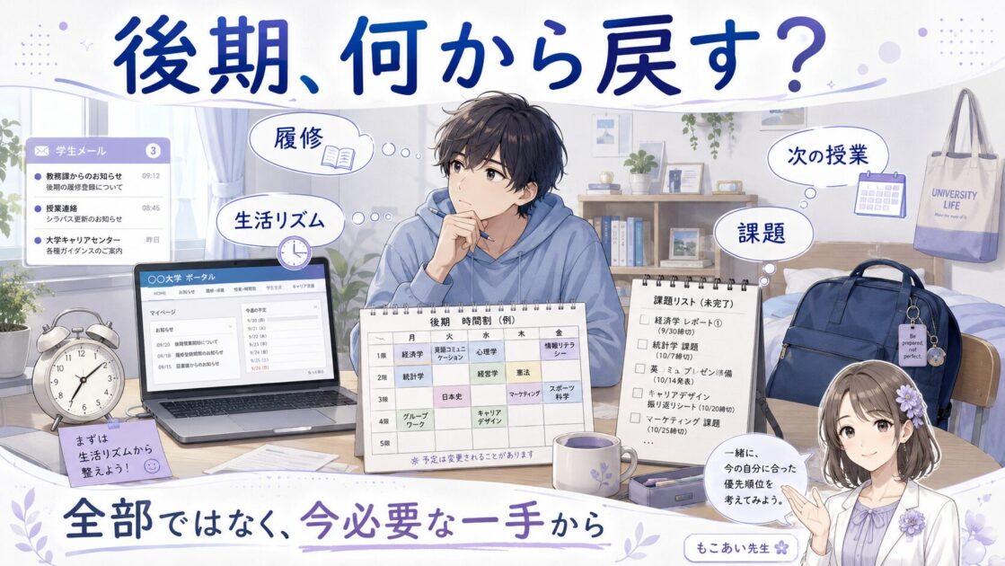 後期の履修・生活リズム・課題のどこから立て直すか考えている大学生