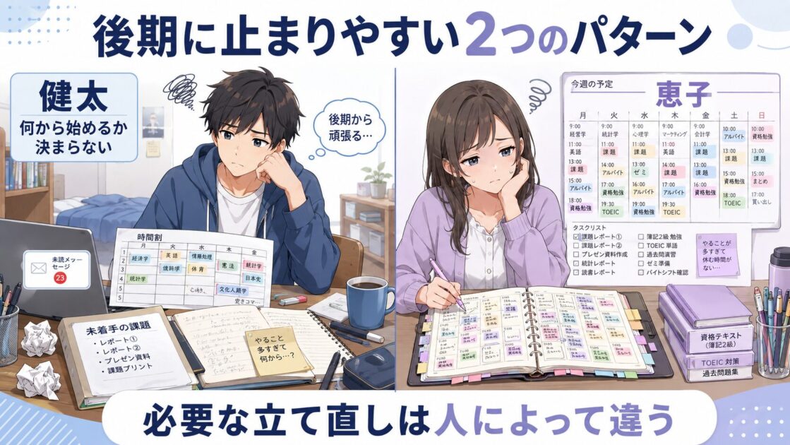 後期に動き出せない健太と予定を詰め込みすぎる恵子の比較