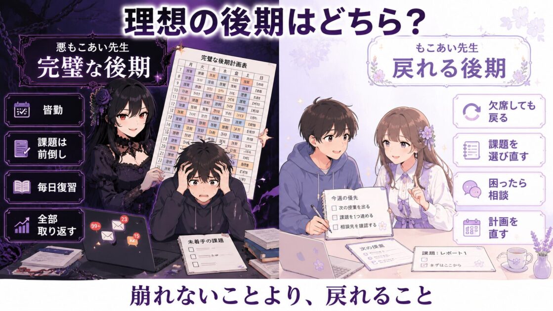 悪もこあい先生の完璧な後期ともこあい先生の戻れる後期の比較
