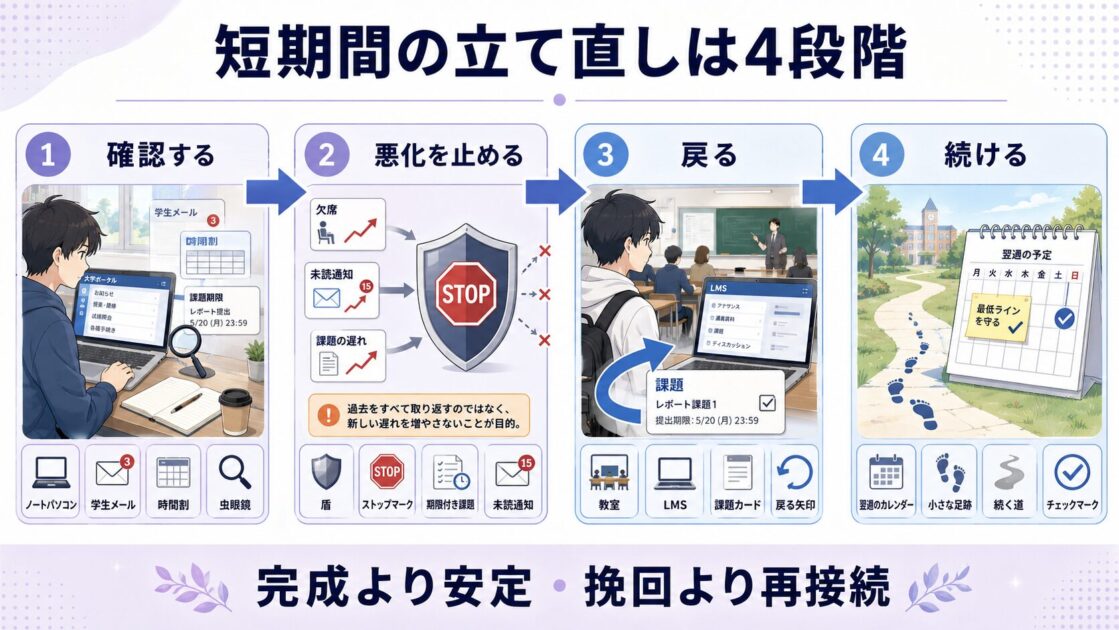 短期間の立て直しを確認・悪化防止・復帰・継続の4段階で示した図
