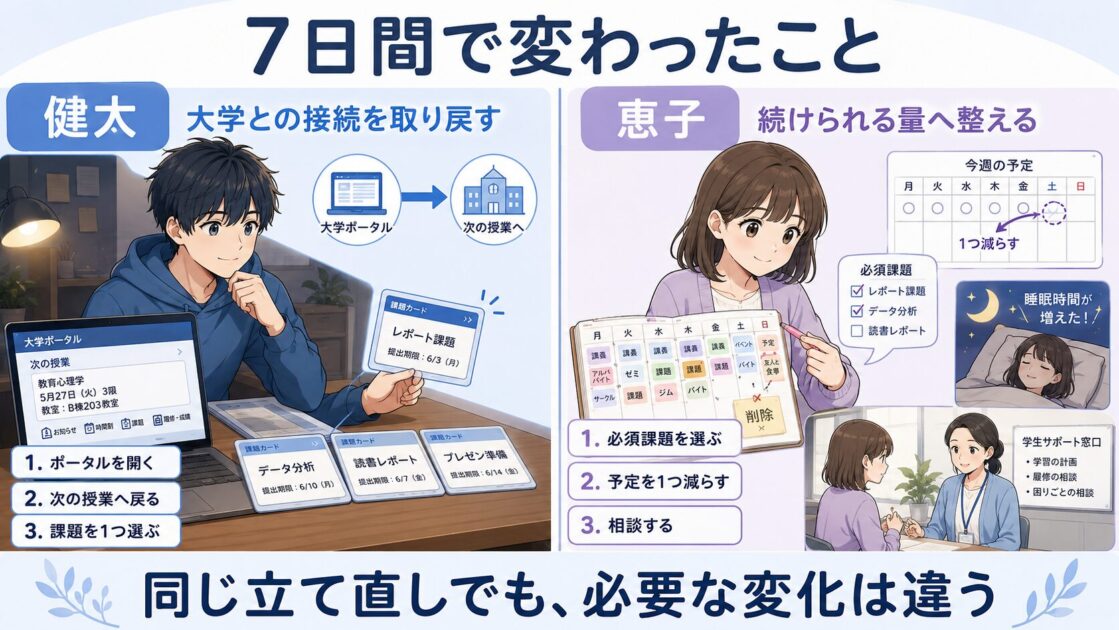 7日間で大学との接続を取り戻した健太と予定を整えた恵子
