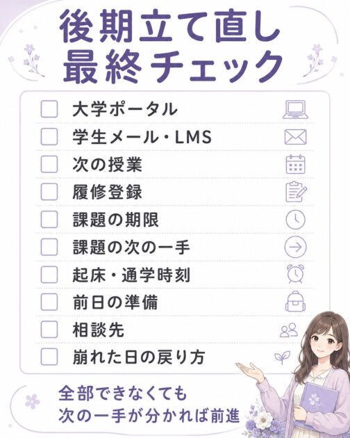 大学生の後期立て直しで確認する大学ポータル・履修・課題・生活・相談先のチェックリスト