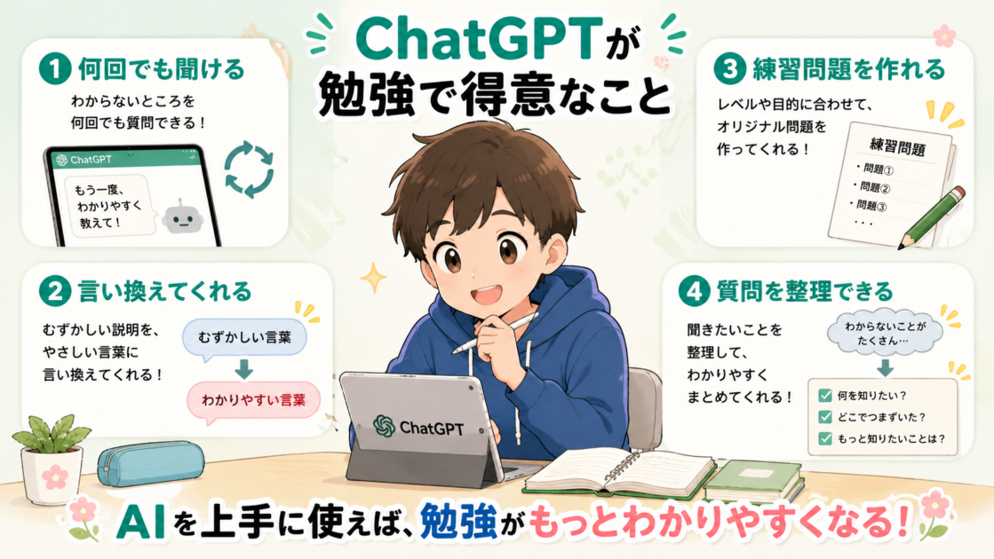 ChatGPTが勉強で得意なことを四つに整理したイラスト