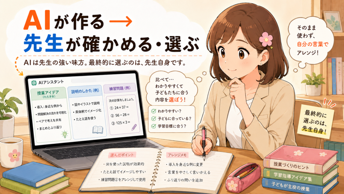 もこあい先生がAIを使って教材案を確認しているイラスト