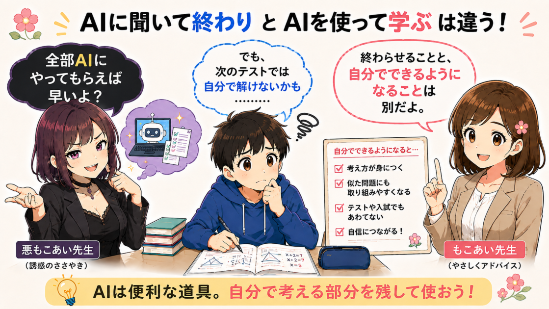 AIに丸投げする危うさを悪もこあい先生が示す注意喚起イラスト