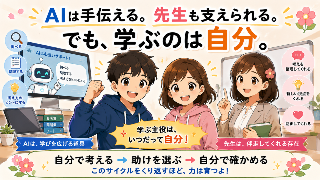 AIと先生に支えられながら健太と恵子が学ぶ主役であることを示したイラスト