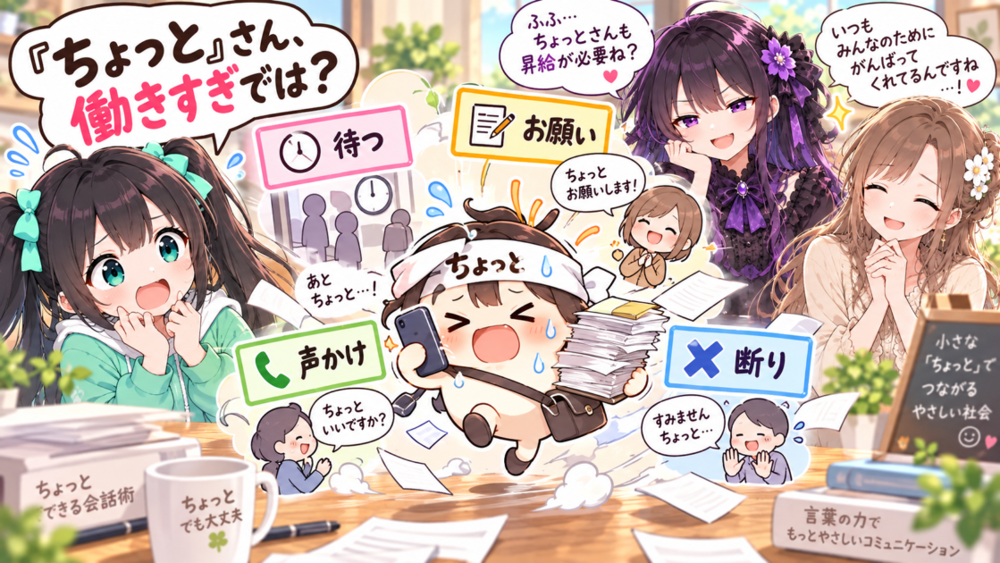 いろいろな仕事をして忙しそうな「ちょっと」をコミカルに描いたイラスト