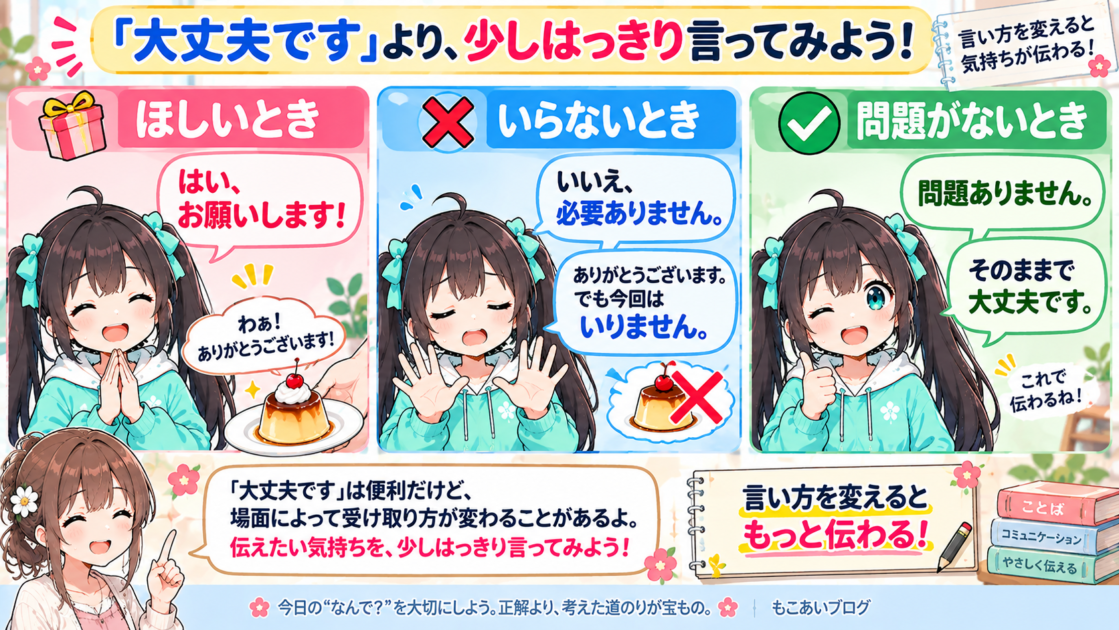 「大丈夫です」を言い換えるときの例をまとめた図解