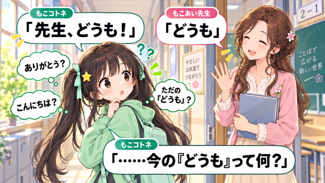 「どうも」と言われて、その意味が何なのか疑問を持つもこコトネ